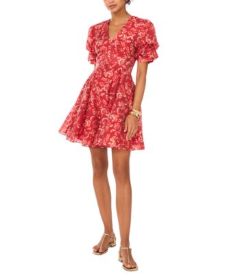 1.STATE - Women's Printed V-Neck Bubble-Sleeve Dress