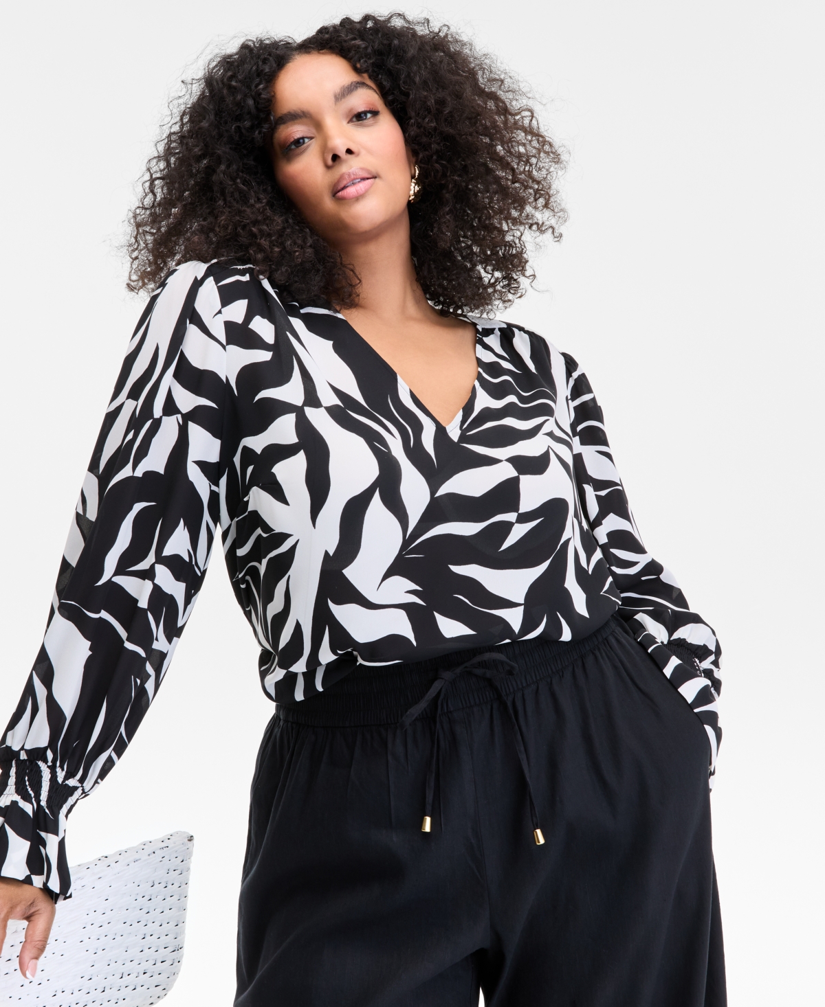 Inc International Concepts Plus Size Leaf-print Bell-sleeve Top, Exclusively At Macy's