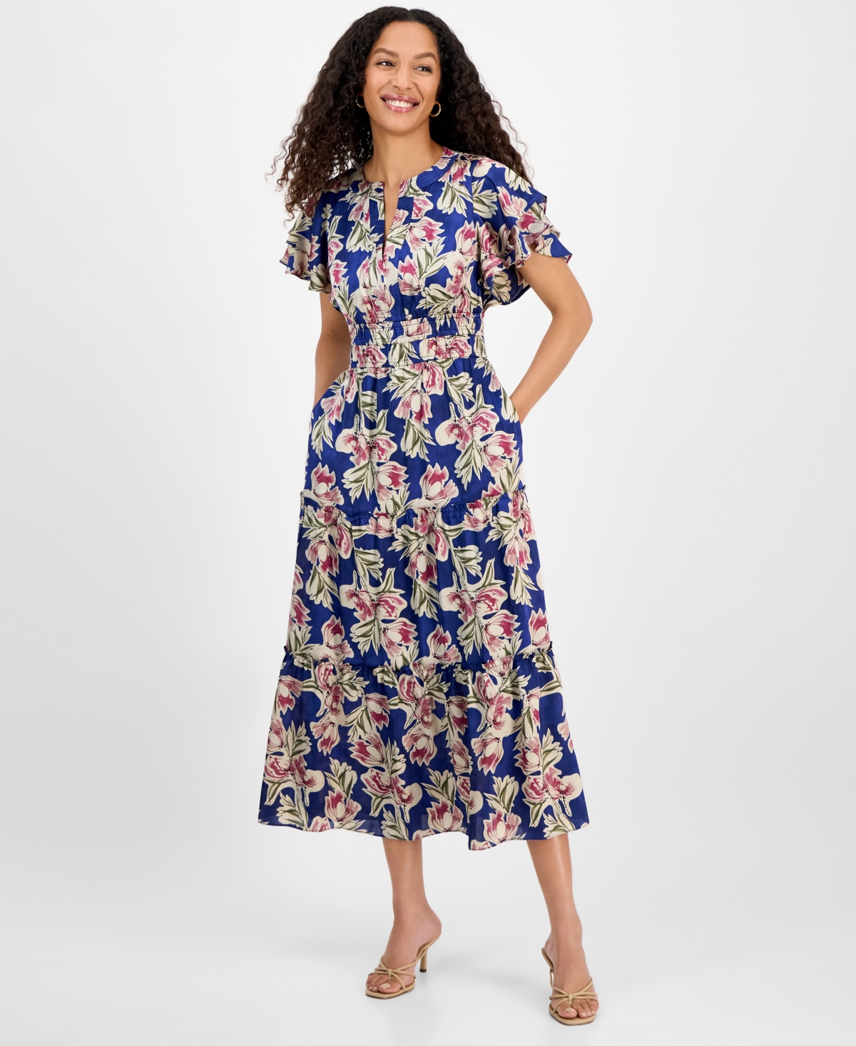 Women's Printed Tiered-Short-Sleeve Dress - Blue Multi