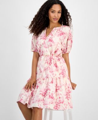 Women's Printed Short-Bubble-Sleeve Tie-Waist Dress
