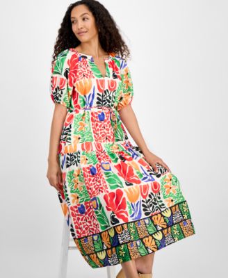 Women's Printed V-Neck Puff-Sleeve Midi Dress