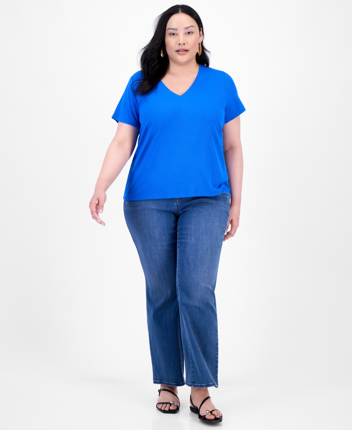 Inc International Concepts Plus Size V-neck Ribbed Knit Top, Exclusively At Macy's