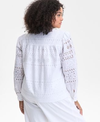 Plus Size Cotton Eyelet-Embroidered Blouse, Exclusively at Macy's