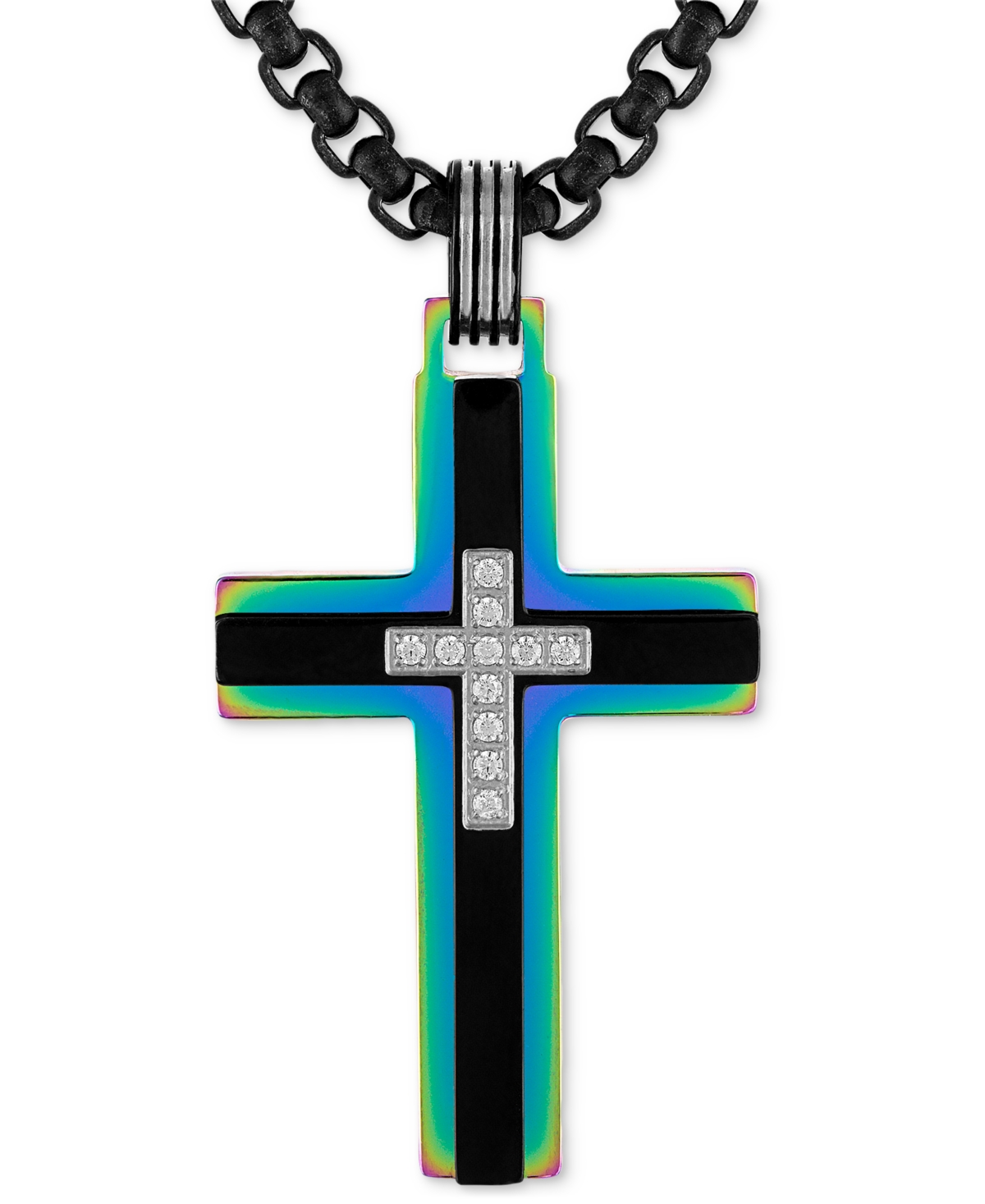 Diamond Rainbow Cross 22" Pendant Necklace (1/10 ct. t.w.) in Black & Rainbow Anodized Ion-Plated Stainless Steel, Exclusively a