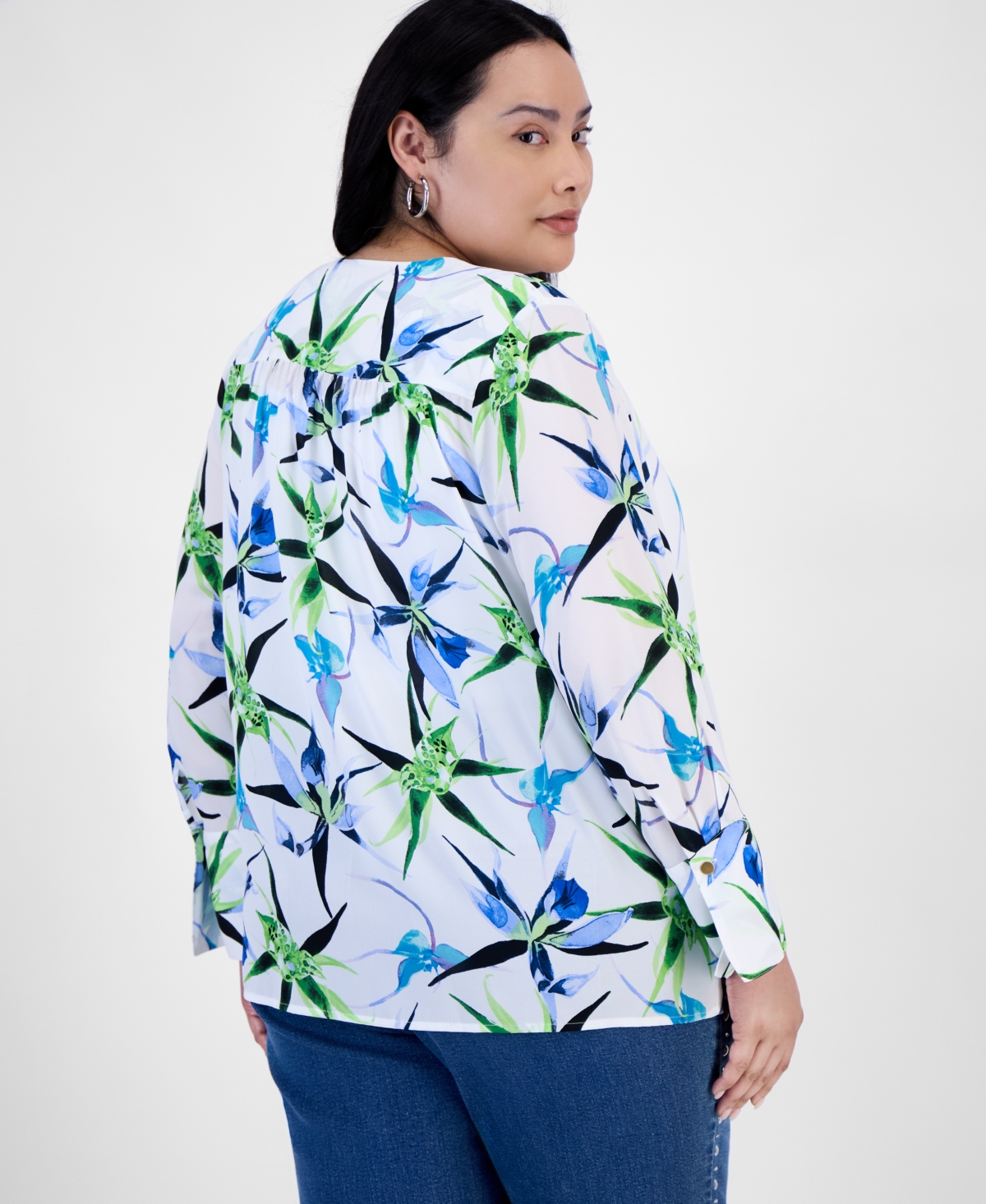 Inc International Concepts Plus Size Printed Surplice Long-sleeve Blouse, Exclusively At Macy's