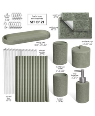 Complete Burlap-Texture Polyresin Bathroom Decor & Accessory Set with Shower Curtain & Bath Rugs