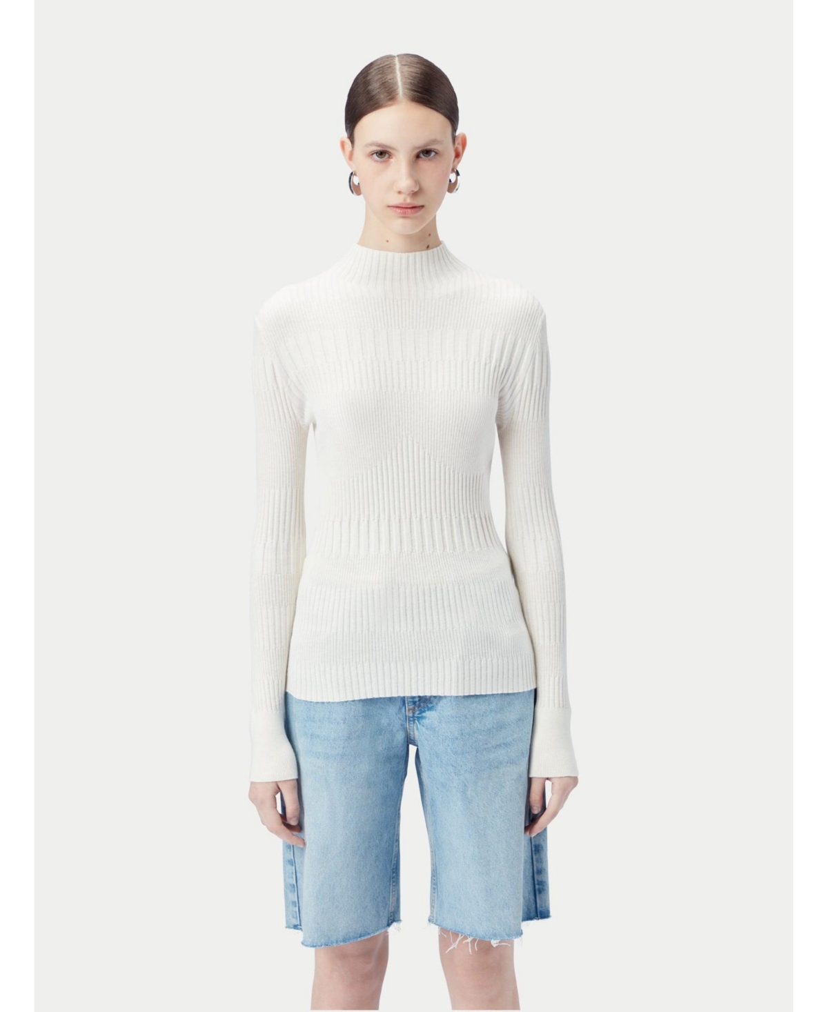 Women's High-neck Ribbed Cotton Silk Cashmere Blend Sweater - White-snow white