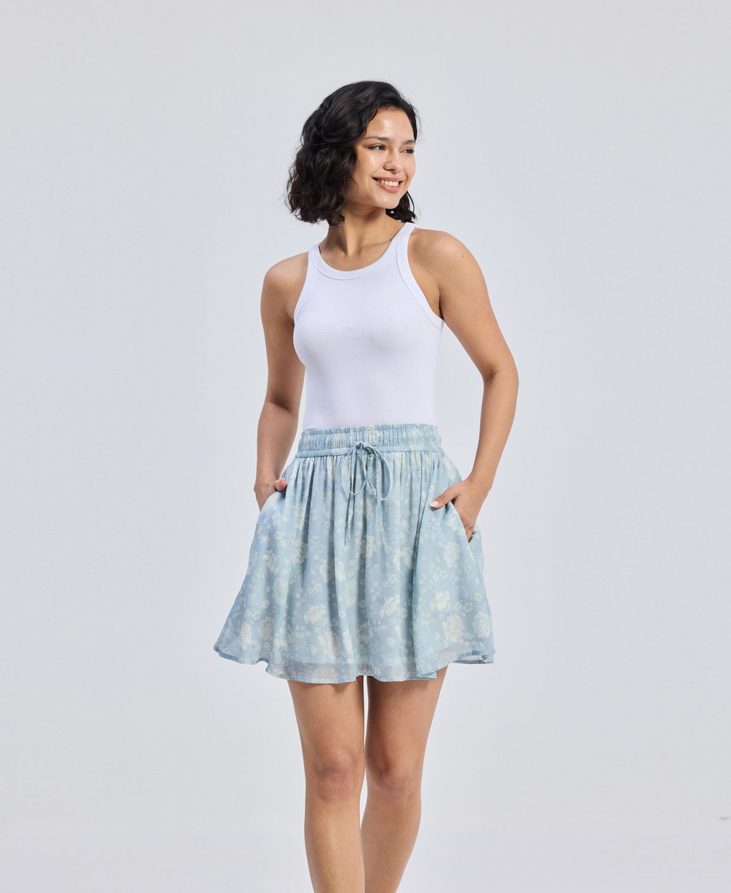Women's Drawstring Short Skirt in Blue Florals