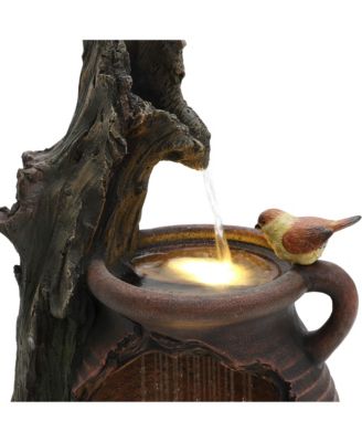 Rain Barrel with Tree and Birds 2.5-Feet Tall Outdoor Polyresin Fountains with Light