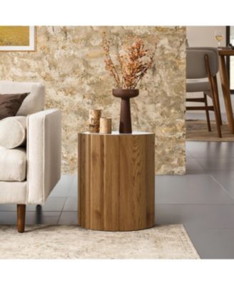 Wood Grain Manufactured Wood 18.9-Inch Tall Round End and Side Table with Faux Marble Top