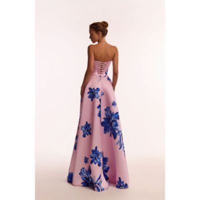 Women's Dainty pink A-line maxi dress with blue-flowered pattern