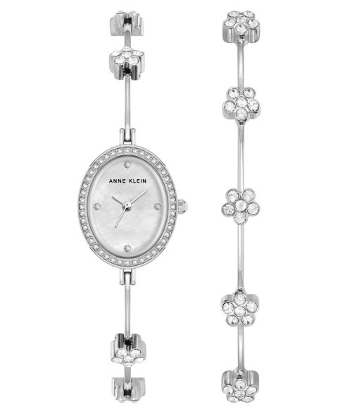 Женский набор Anne Klein: кварцевые часы с хрустальным цветком, серебристая сталь, 19 мм