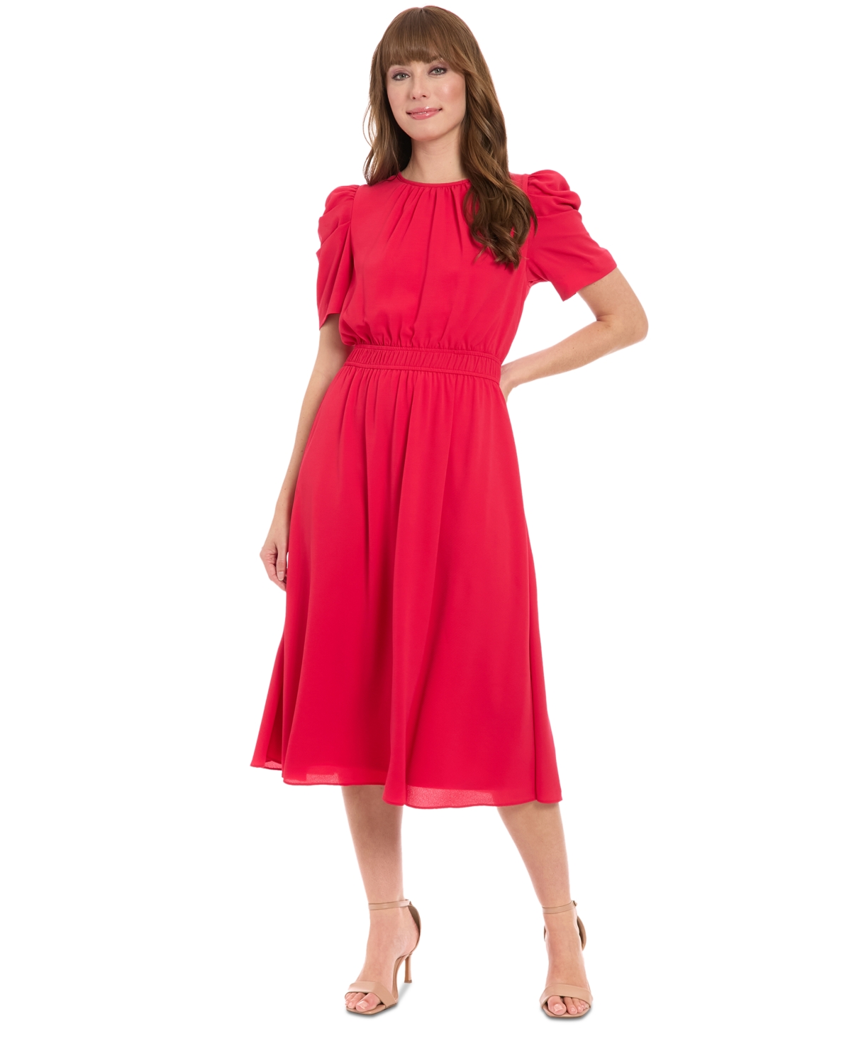 London Times Ruched Bubble Sleeve Midi Dress In Red