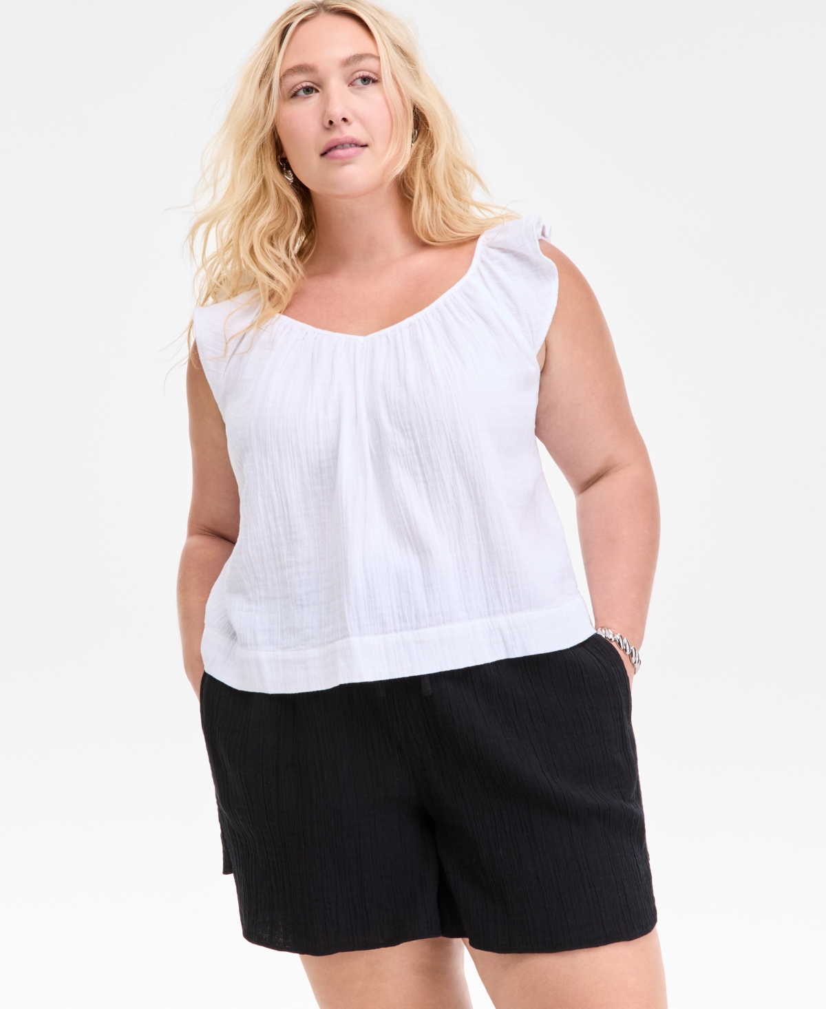 On 34th Plus Size Cotton Gauze V-neck Flutter-sleeve Top, Exclusively At Macy's
