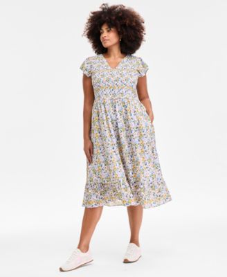 On 34th - Plus Size Printed Flutter-Sleeve Smocked Midi Dress