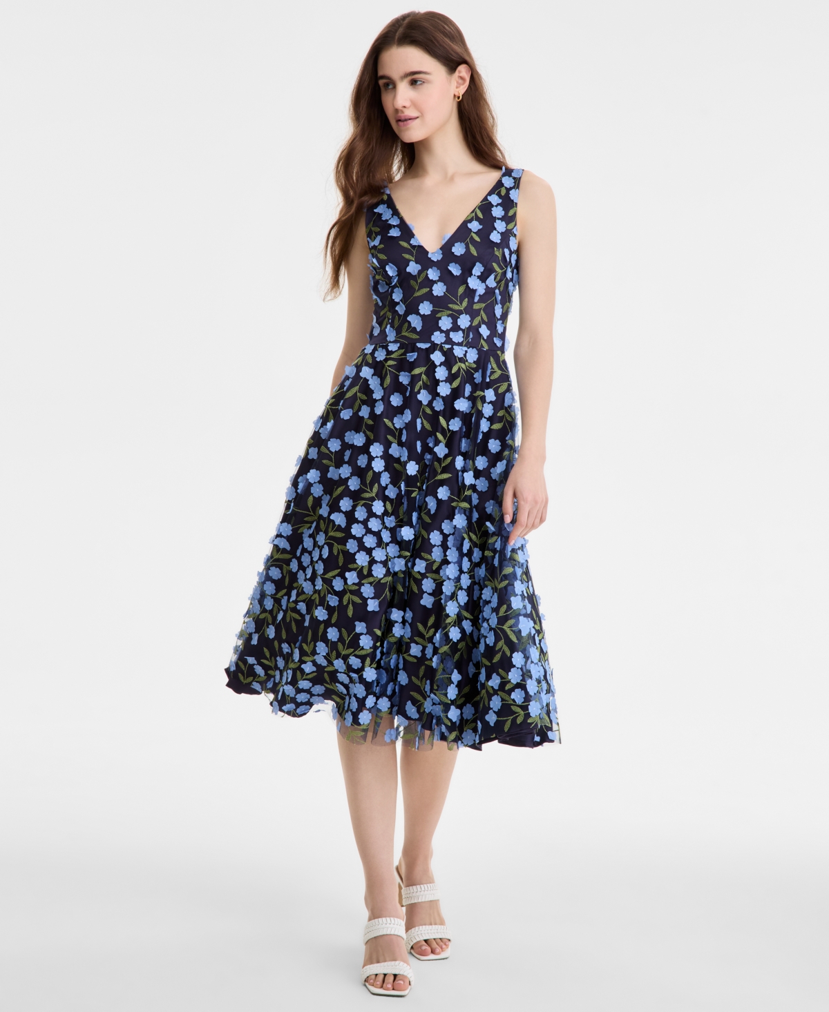 Women's Floral-Print Mesh V-Neck Midi Dress - Black/Blue