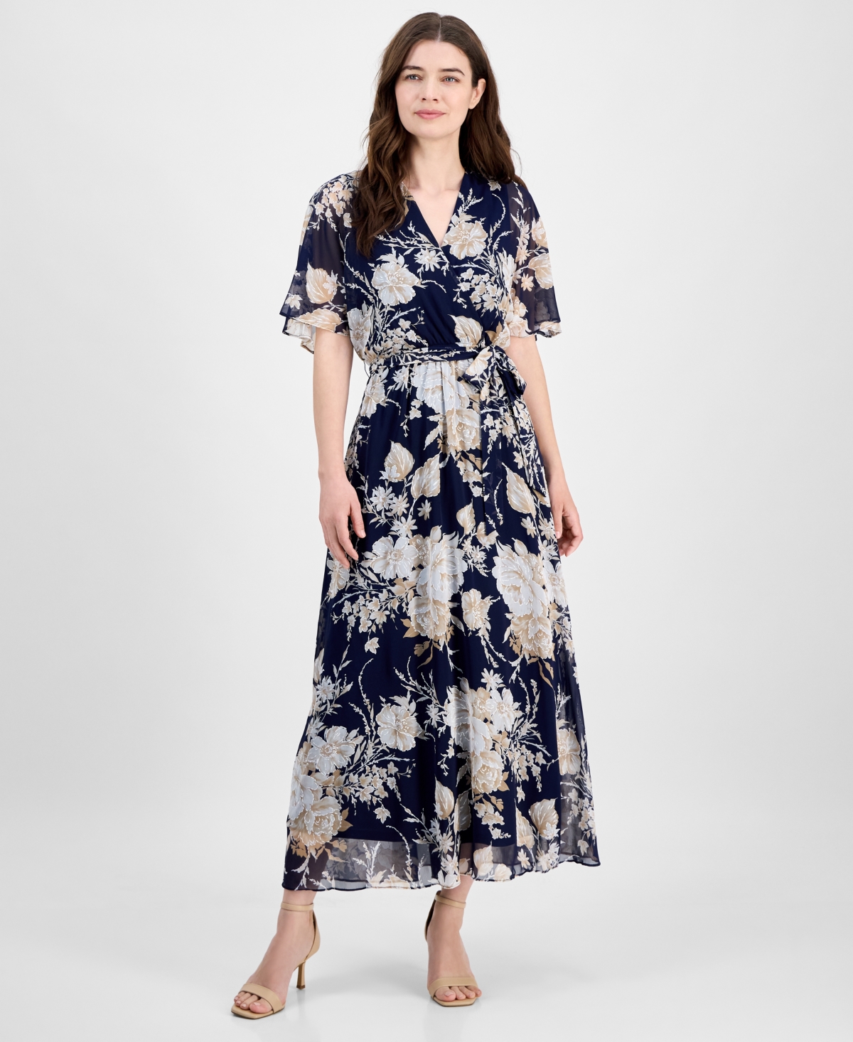 Women's Surplice-Neck Chiffon Midi Dress - Navy Tan