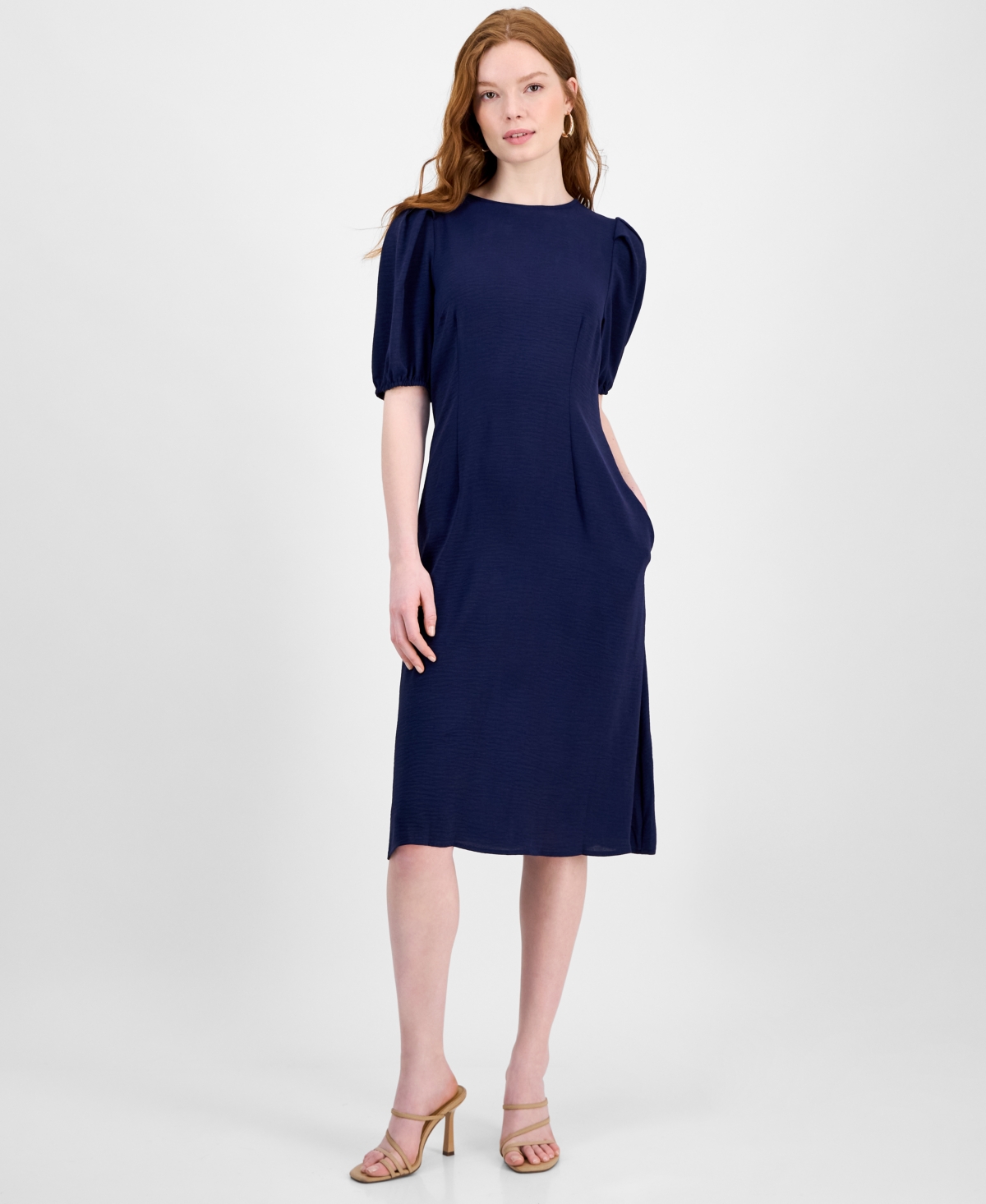Connected Women's Puff-sleeve Round-neck Midi Dress