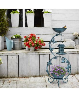 Bird Bath and Solar Bird Feeders Combo with Flower Planter Pedestal