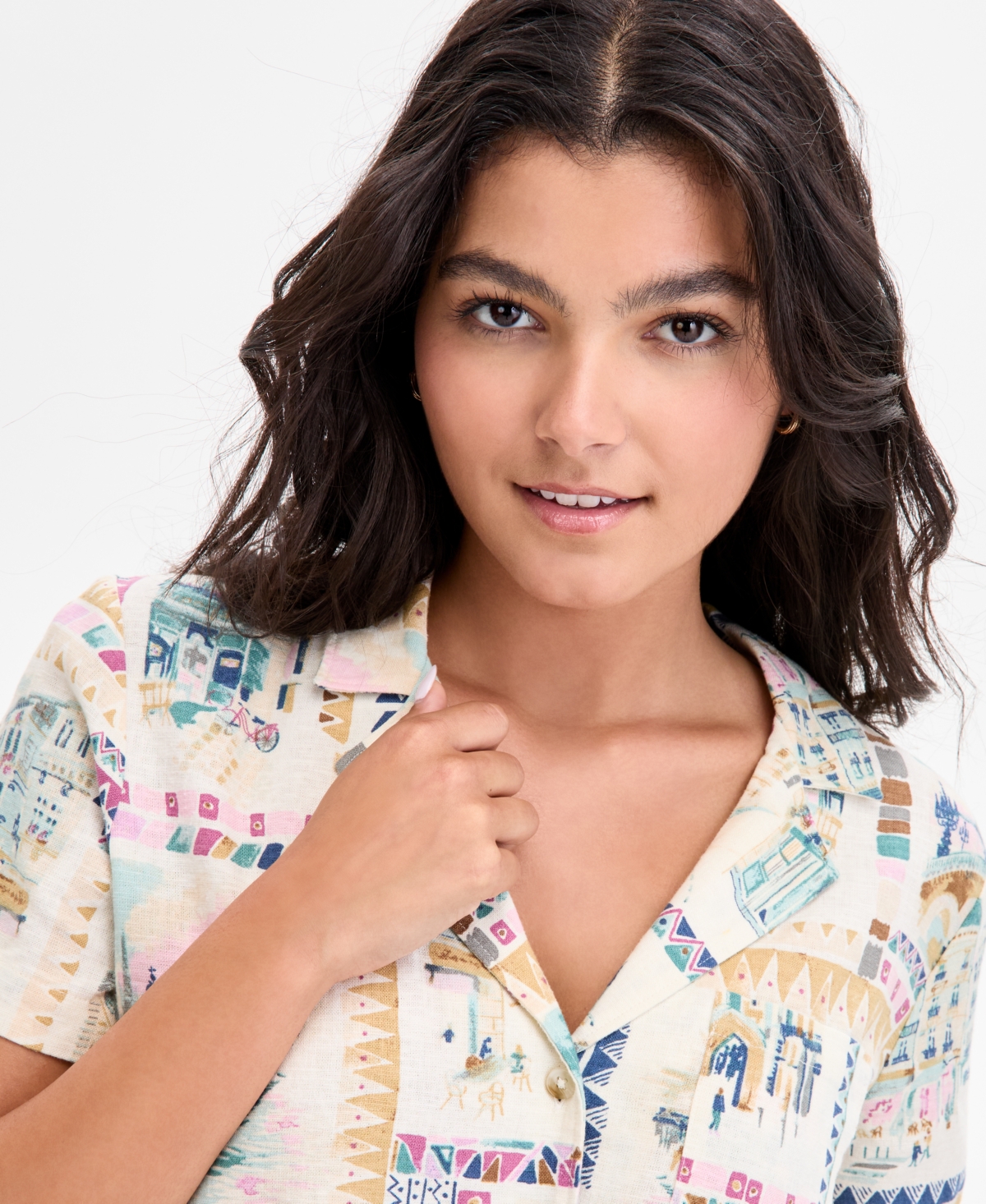 Lucky Brand Women's Printed Linen-blend Camp Shirt In White