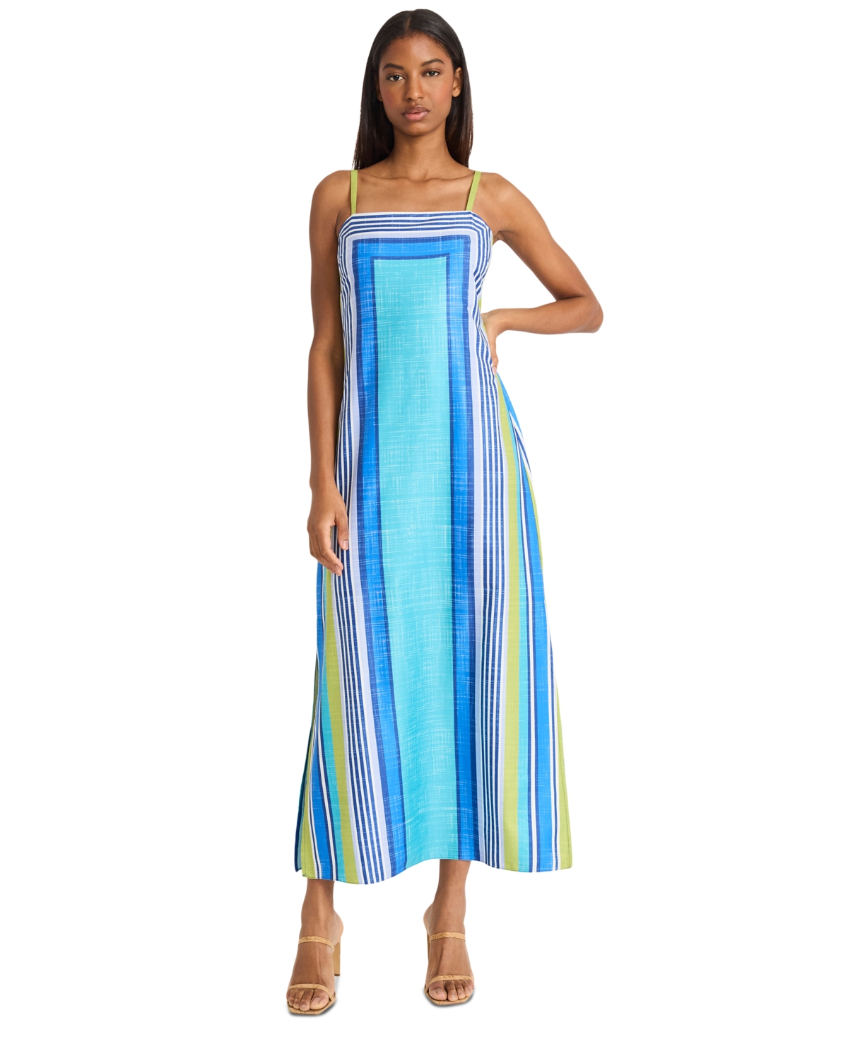 Donna Morgan Women's Striped Side-slit Maxi Dress In Lt Lime,turquoise