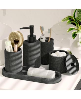 Complete Burlap-Texture Polyresin Bathroom Decor & Accessory Set with Shower Curtain