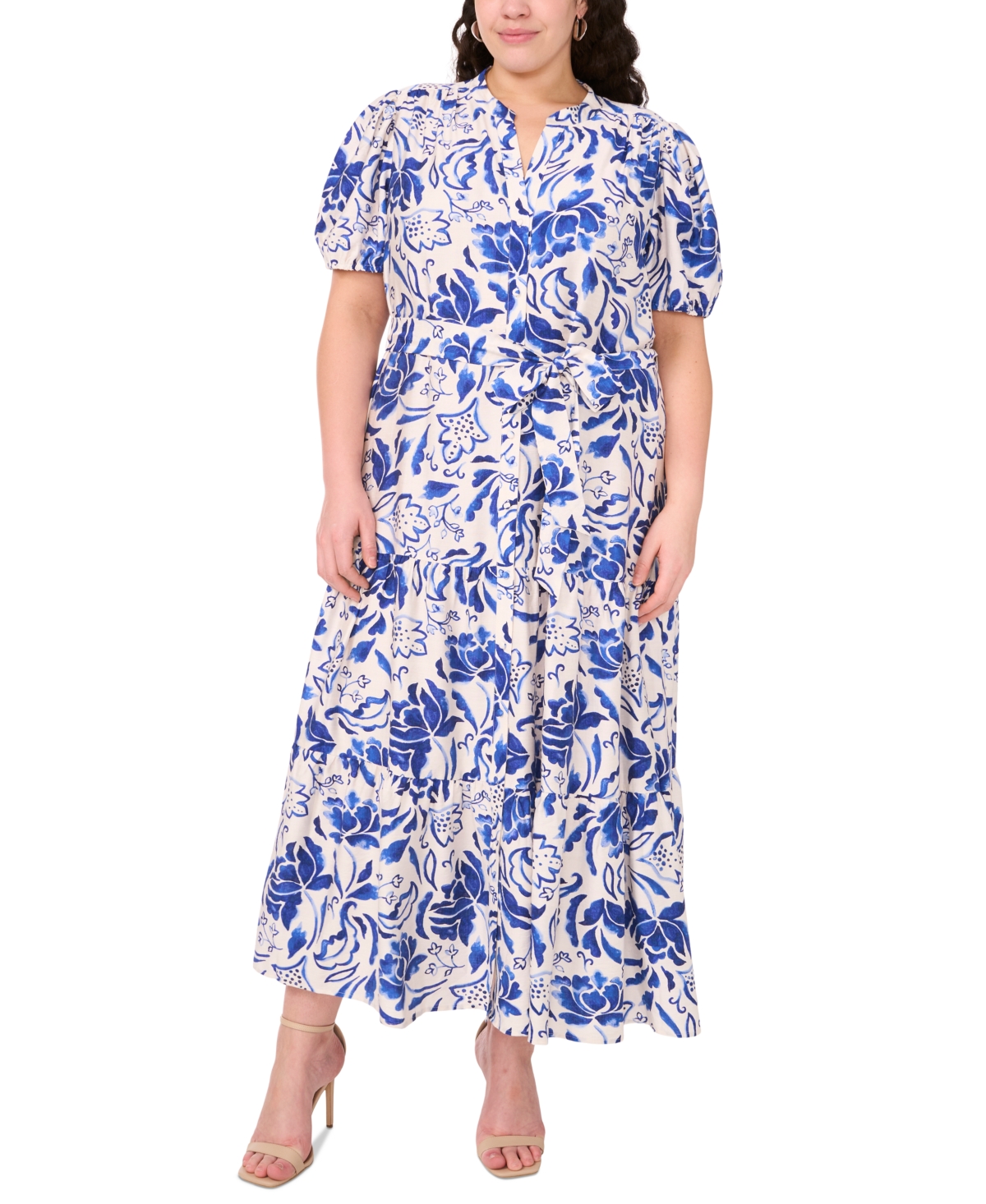Msk Plus Size Puff-sleeve Button-front Lawn Maxi Dress