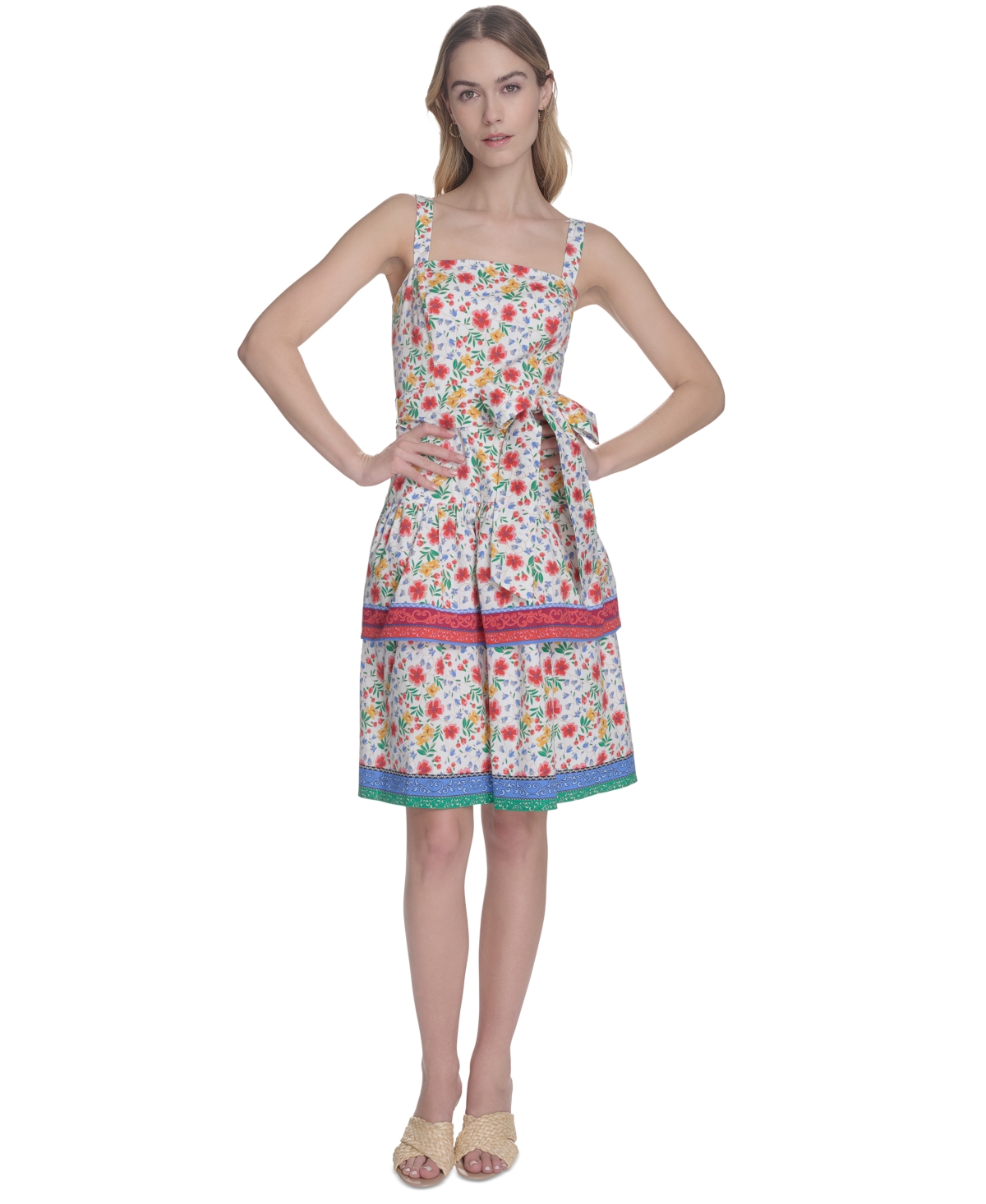 Petite Printed Square-Neck Sleeveless Dress - Ivory Multi