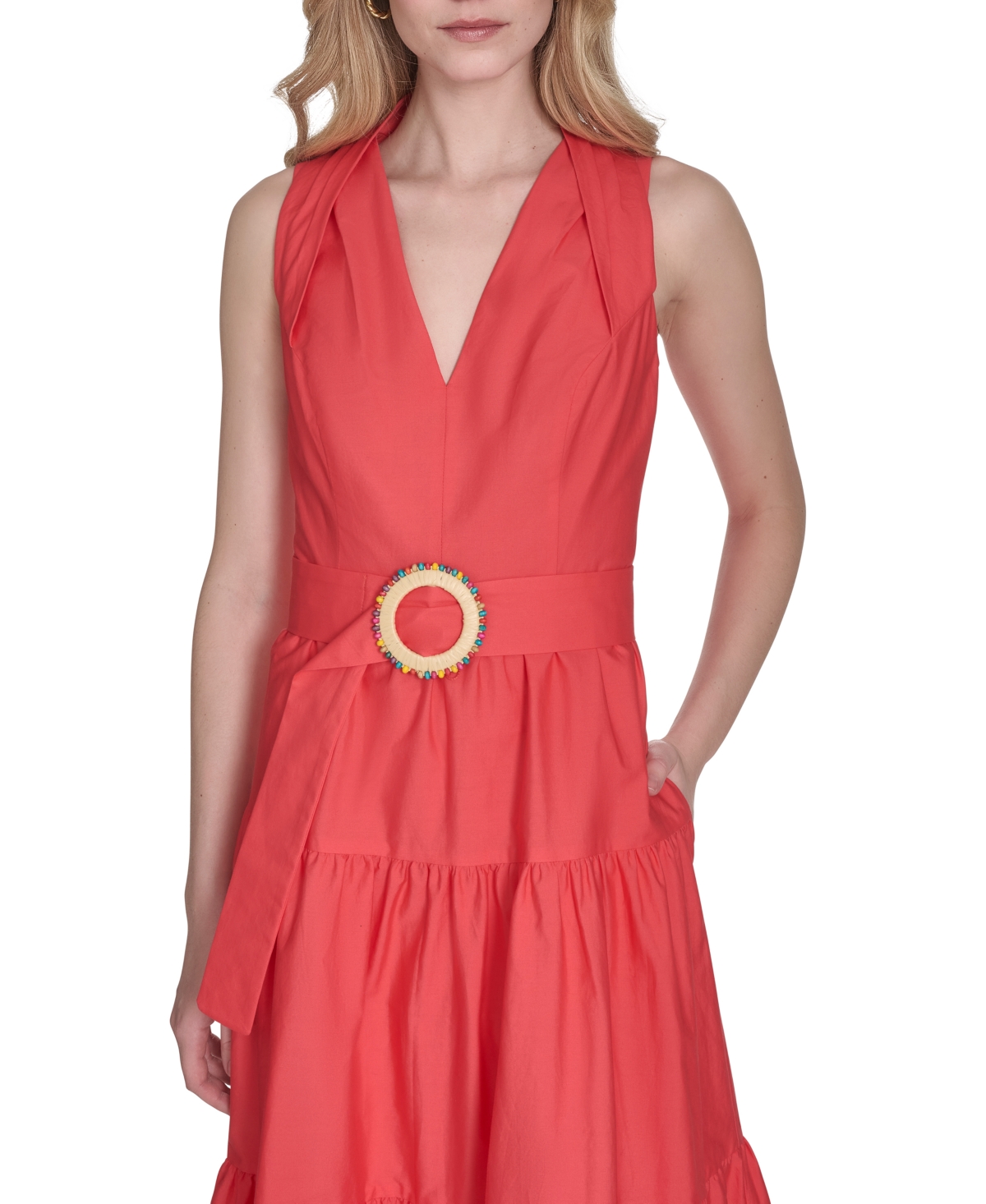 Vince Camuto Petite Cotton Belted Sleeveless Tiered Midi Dress In Red