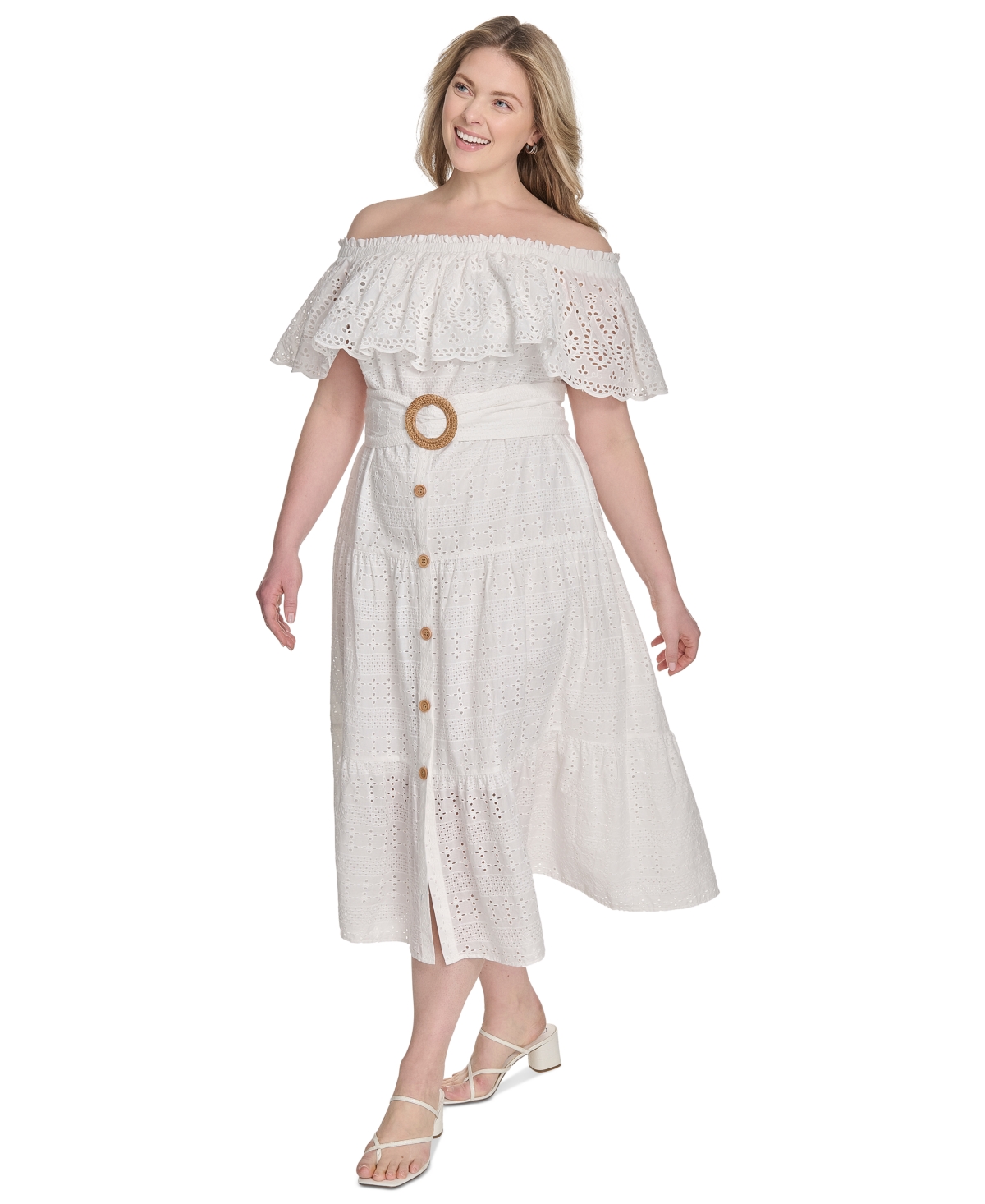 ELIZA J PLUS SIZE EYELET OFF-THE-SHOULDER BELTED MIDI DRESS 