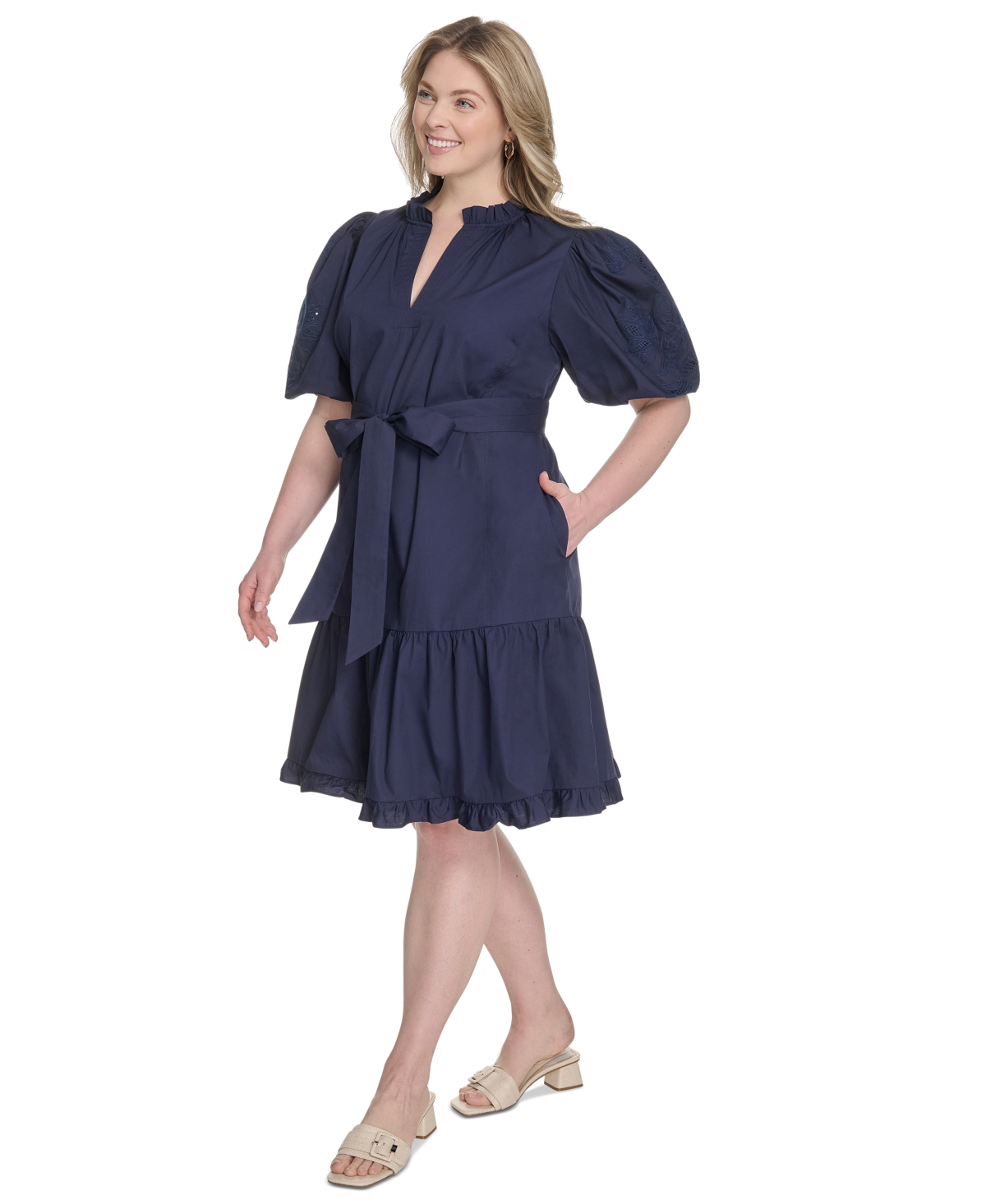 Vince Camuto Plus Size Cotton Puff-sleeve Tie-waist Dress In Blue