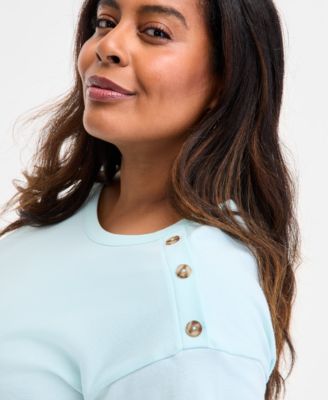 Plus Size Crewneck Button-Trim-Shoulder Cotton Top, Exclusively at Macy's 