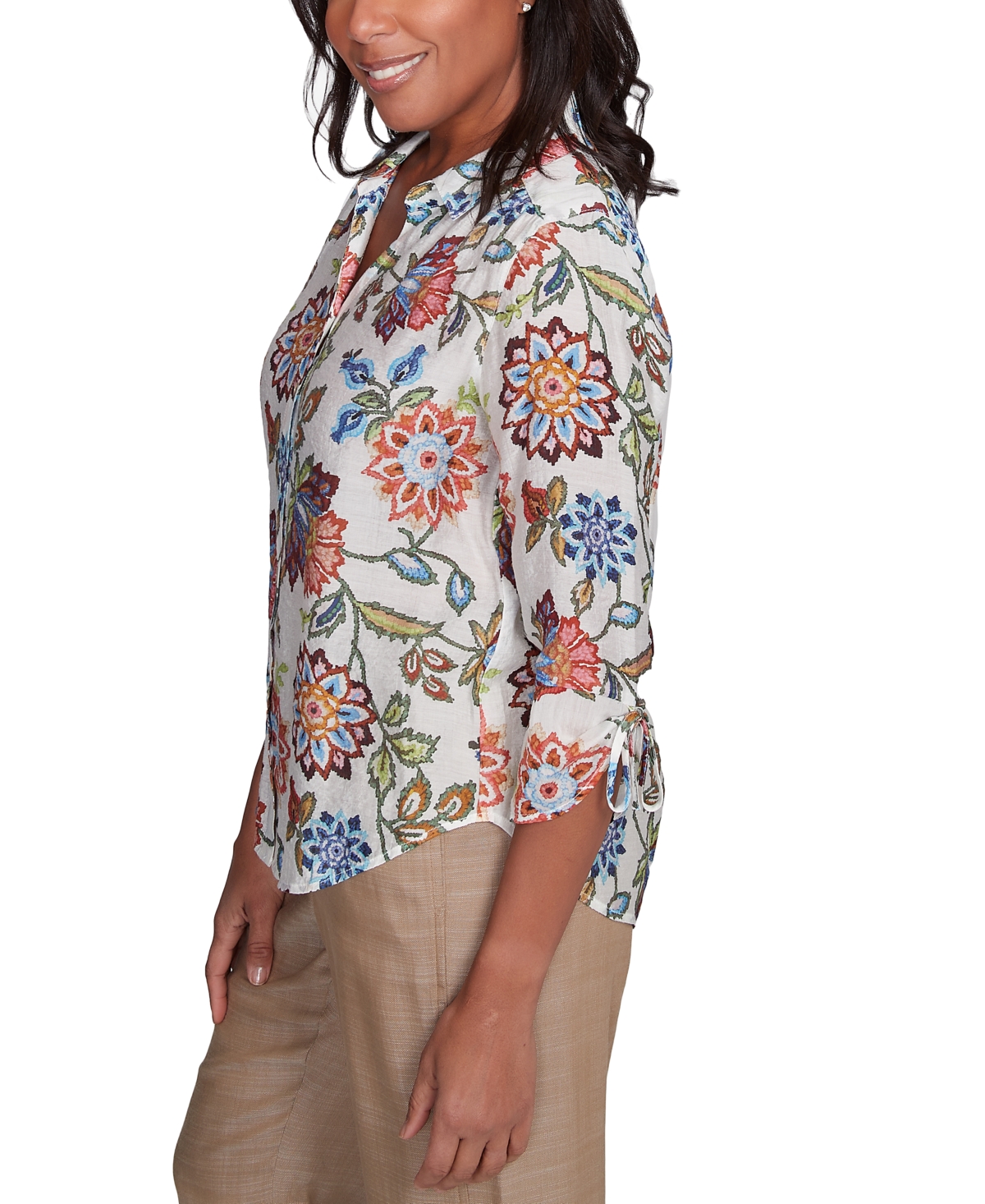 Alfred Dunner Petite Floral-print Tie-sleeve Shirt In Multi