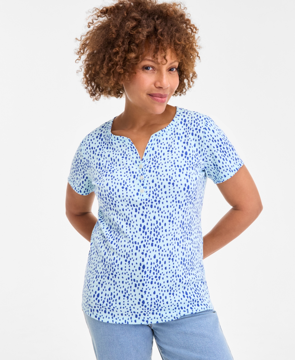 Petite Short-Sleeve Knit Henley, Exclusively at Macy's - Indsutrial Blue Combo