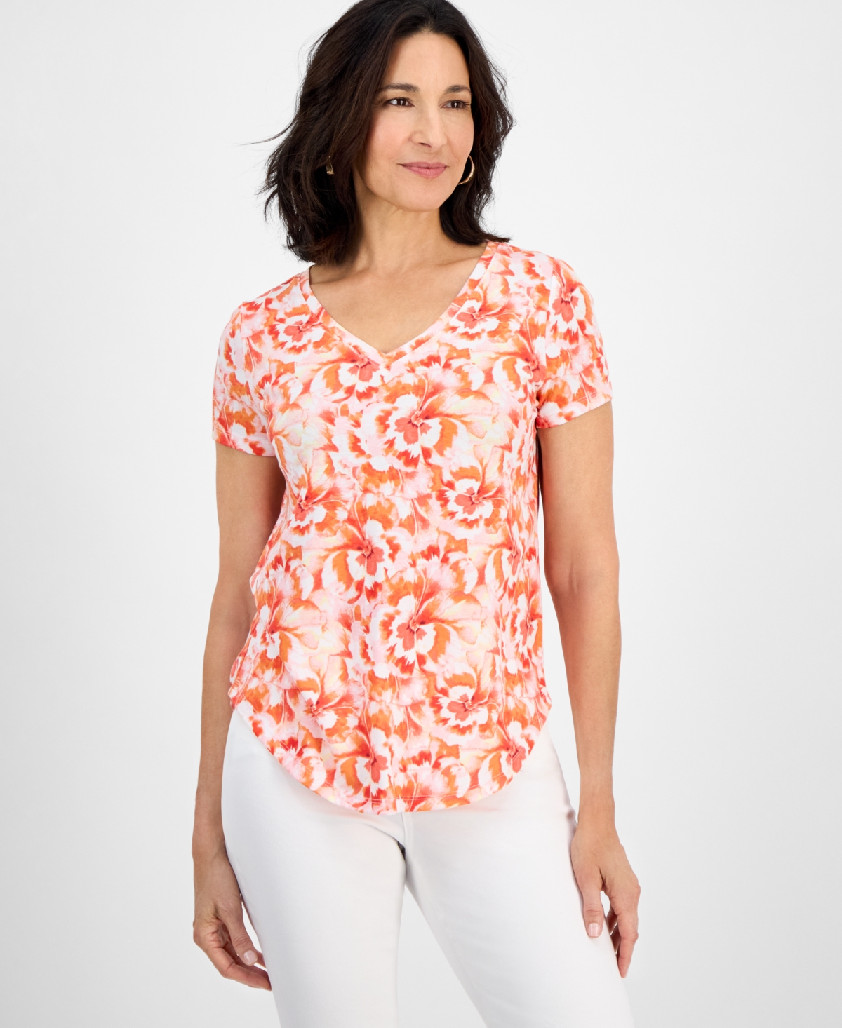 Women's Cotton-Blend Printed V-Neck T-Shirt, Exclusively at Macy's - Atomic Orange Combo