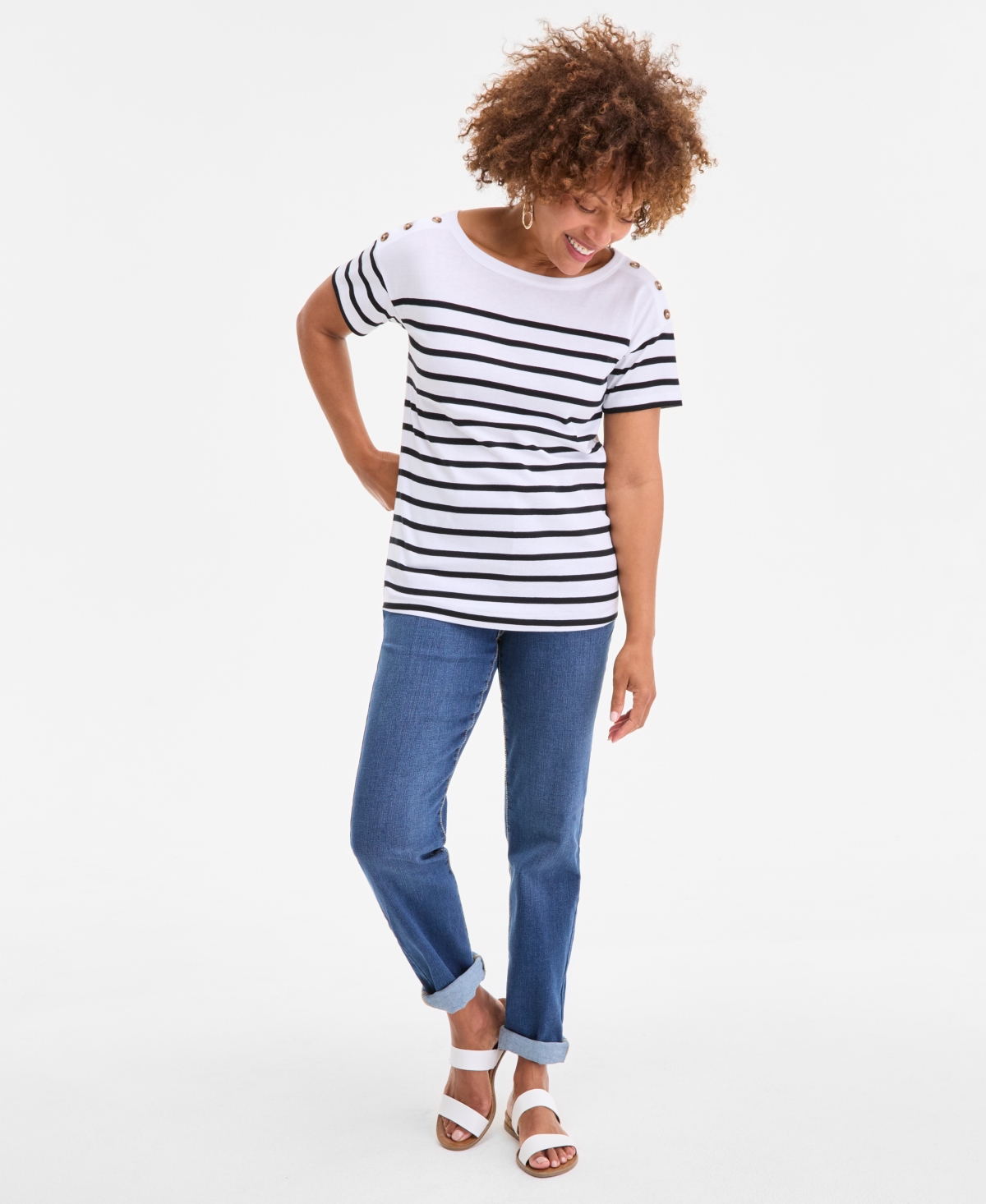 Style & Co Women's Cotton Striped Button-shoulder Top, Exclusively At Macy's