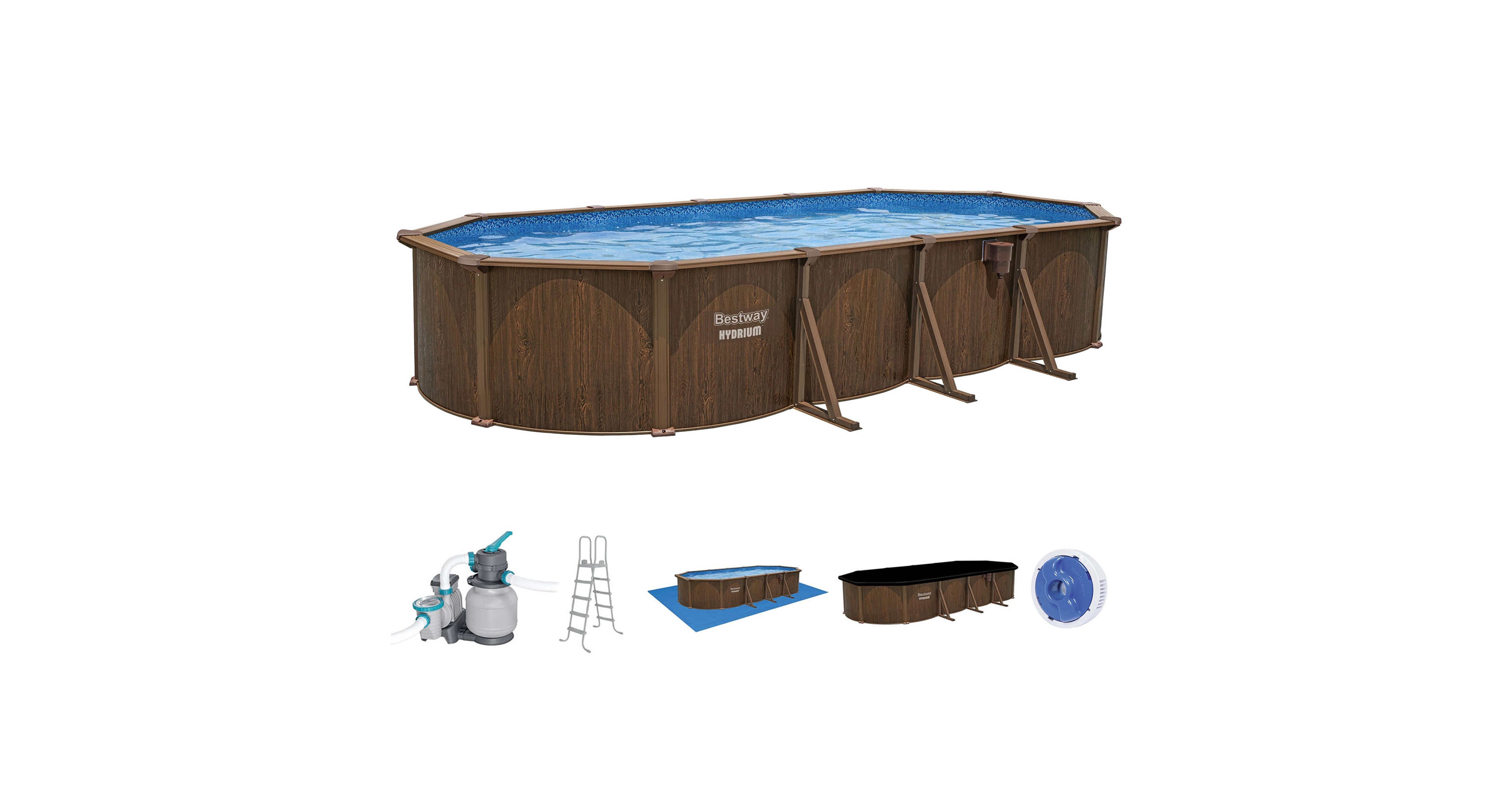 Bestway Hydrium 24'x12'x52" Oval Above Ground Swimming Pool Set, Brown Woodgrain