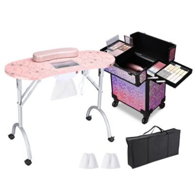 Manicure Table Nail Desk & Rolling Makeup Train Case Kit Mermaid Pink