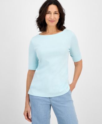 Petite Cotton Elbow-Sleeve Boat-Neck Top