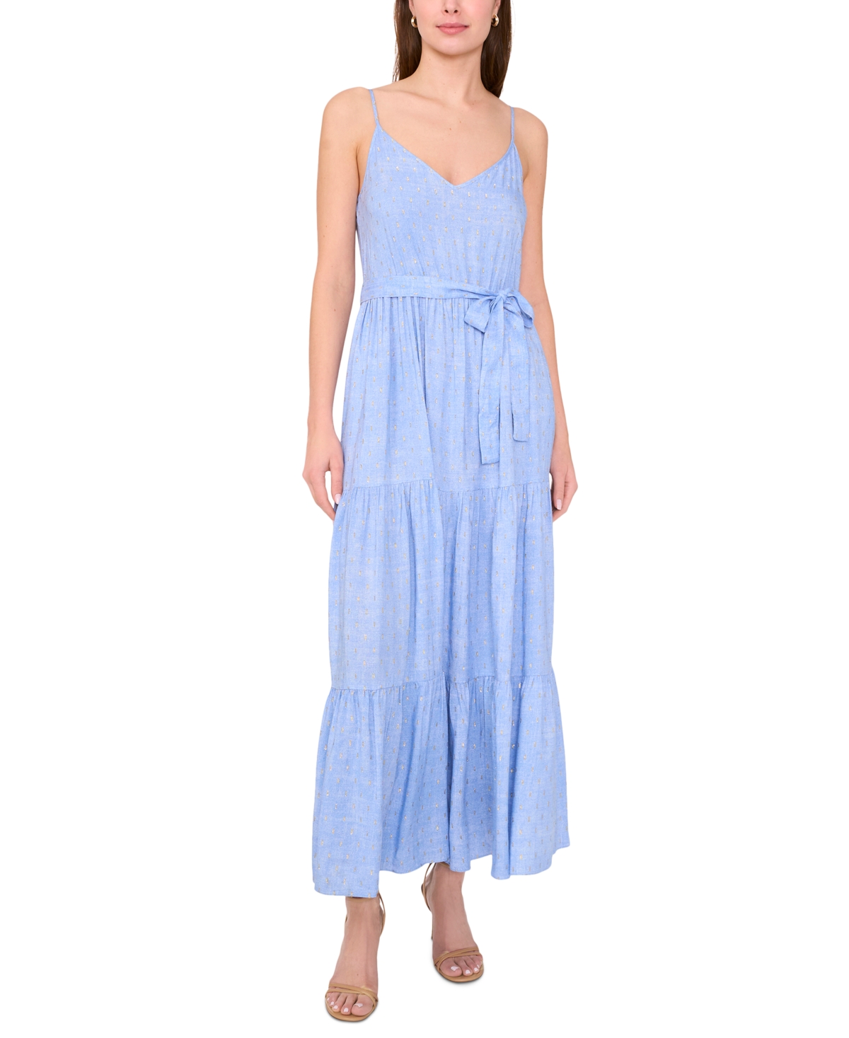 Msk Petite Printed V-neck Sleeveless Belted Maxi Dress In Blue