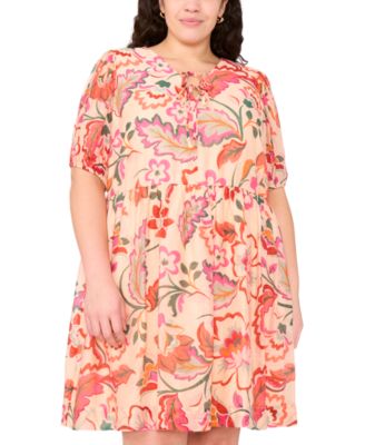 Plus Size Printed Tie-Neck Short-Sleeve Dress