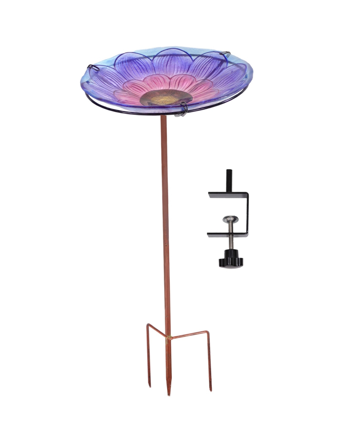 Glass Bird Bath Bowl - 10.5&#x22; Diameter - Includes Deck Clamp and Staked Stand - Spring Crocus - Spring crocus