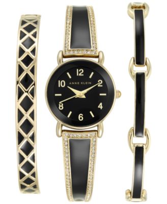 Anne Klein - Women's Black and Gold-Tone Bangle Bracelet Watch Set 24mm AK-2052BKST