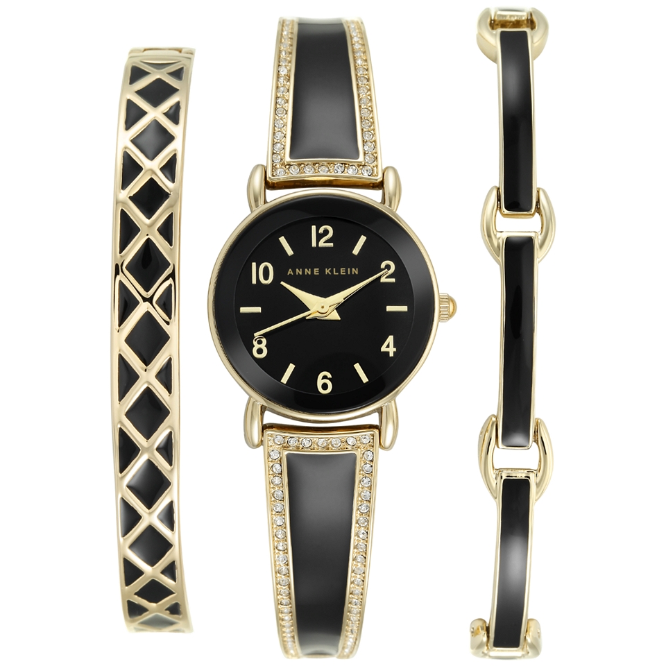 Anne Klein Womens Black and Gold Tone Bangle Bracelet Watch Set 24mm