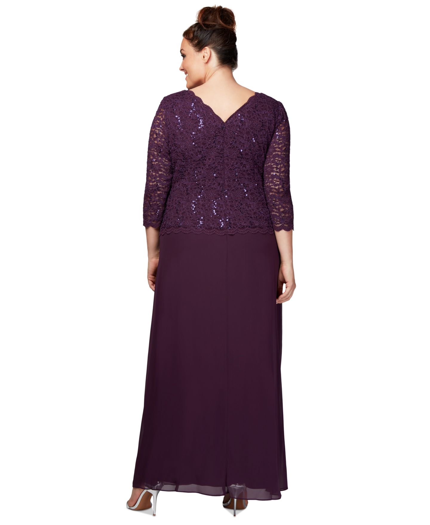 Женские платья Alex Evenings Plus Sequined Scalloped Edge Lace Top Gown, цвет: Глубокий сливовый — фото 2