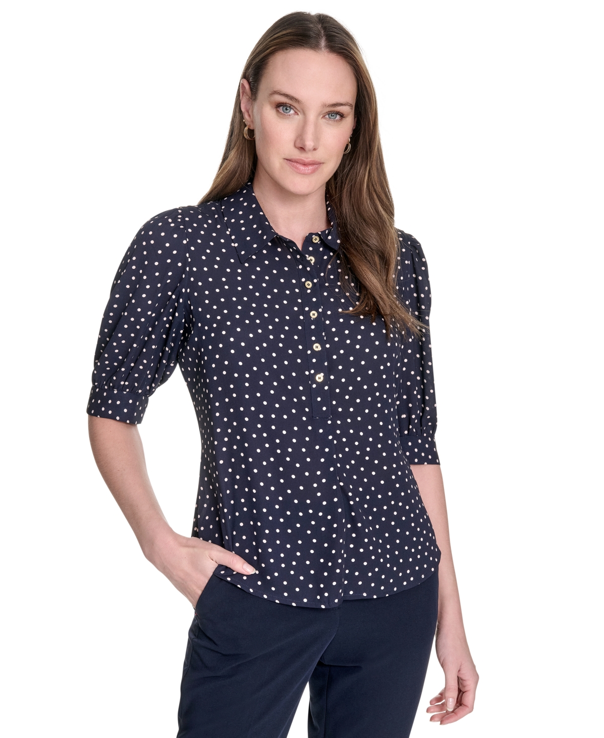 Women's Printed Point Collar Puff-Sleeve Blouse - Midnight/ Powder