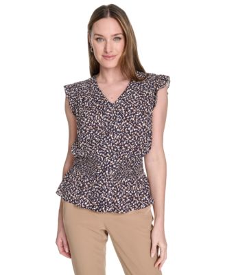 Tommy Hilfiger - Women's Printed Smocked-Waist Flutter-Sleeve Blouse