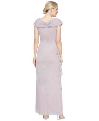 Petite L-Neck Glitter-Mesh Long Dress