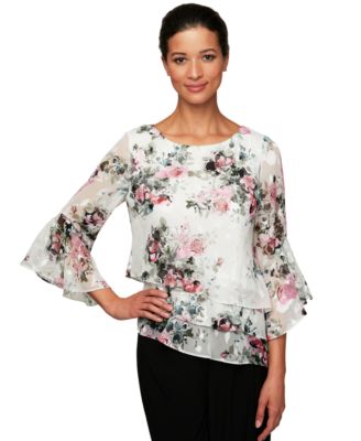 Alex Evenings - Floral-Print Asymmetrical-Hem Bell-Sleeve Tiered Top