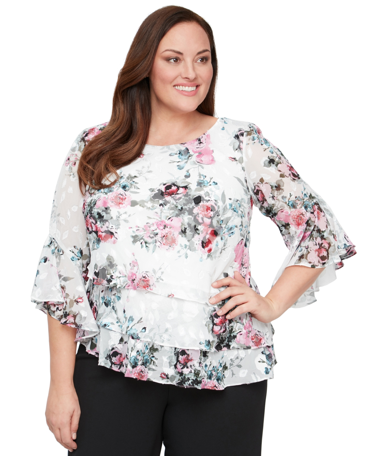 Plus Size Floral-Print Blouse - Ivory/Pink